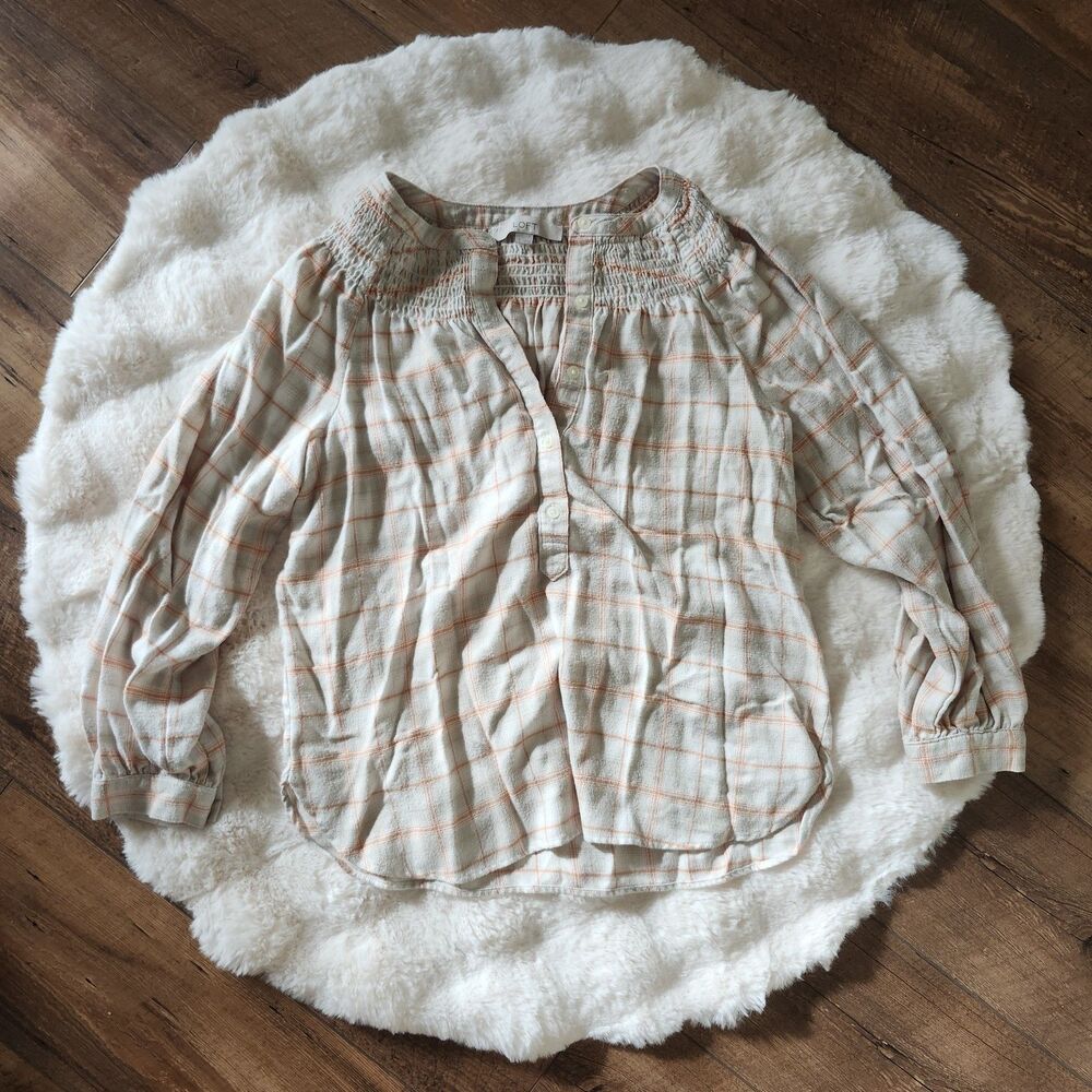 LOFT Women’s Orange Plaid Button Blouse Size S